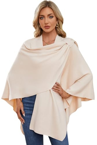 PULI, Scialle da donna incrociato sul davanti; un elegante poncho finemente drappeggiato lavorato a maglia, adatto come cardigan per abito da sera e stola da sposa, 1-beige, Taglia unica