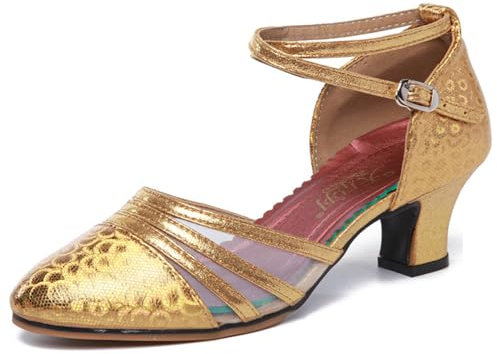 Dam Salsa Latindansskor tango skor rem blockklack pumps, Guld häl 3 cm, 41 EU