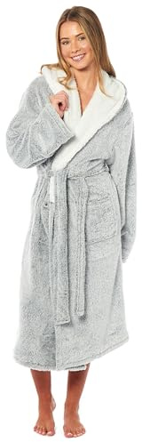 Daisy Dreamer Womens Robe Plush Shimmer Fleece Grey Hooded Dressing Gown Soft Long Bathrobe with Pockets Warm Fluffy Loungewear Robes for Ladies, Small 8-10