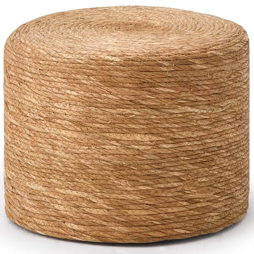 Wimarsbon Round Pouf Ottoman, Natural Hand Knitted Footrest Poof, Rustic Lounge Pouffe, Boho Pous Foot Stool, Accent Table or Seat (Natural Cattail, 15.7 * 15.7 * 11.8)