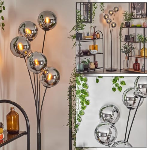 HOFSTEIN Stehleuchte Gastor, Stehlampe aus Metall/Glas in Schwarz/Chrom/Rauch, Leuchte im Vintage-Design mit Glasschirmen Ø 15 cm u. Fußschalter, 169 cm, E14, Wohnzimmer, Schlafzimmer, Esszimmer