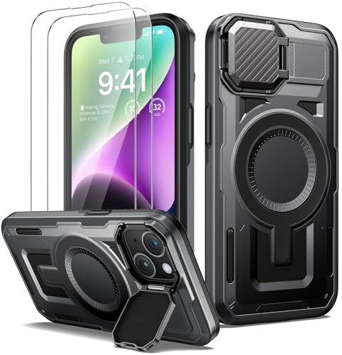 Lanhiem Coque pour iPhone 13/ iPhone 14 avec 2 Verre Trempé, Antichoc Étui Militaire Protection, Caméra Support Magnétique Robuste Outdoor Renforcée Armure Case iPhone 13/ iPhone 14 Housse, Noir