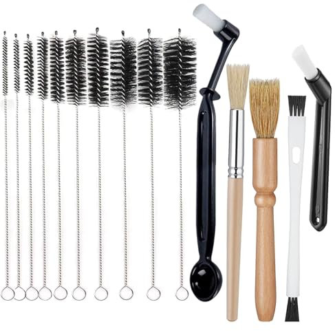 15 Pezzi Pennello Setola Macchina Espresso, Spazzolino Pulizia Caffè con Cucchiaio e Manico Legno, Pennello Pulizia Paglia per Barista, Casa, Cucina, Bottiglie, Utensili Macinacaffè, Caffettiera