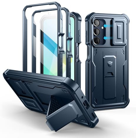Dexnor Compatible avec Coque Samsung Galaxy A16【Double Cadre Avant et Support】 avec CaméRa Coulissante Intégrée & Protecteur d'écran, Coque de Protection Robuste Résistante Aux Chocs - Bleu Marine