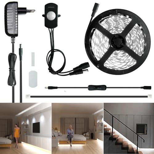 Sensky LED Streifen mit Bewegungsmelder, 2,5m Dimmbar LED-Band 12V Kaltweiß 6000K Selbstklebend mit PIR-Sensor, Treppen & Küchenbeleuchtung für Schrank, Flur & Bett