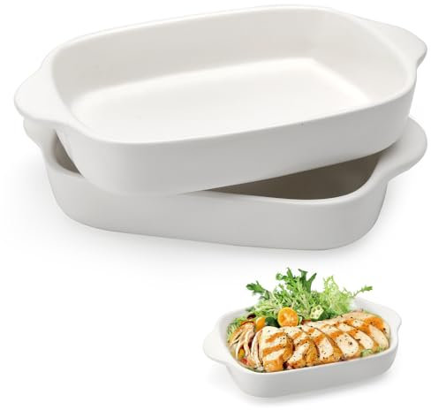 2 fuentes de cerámica para lasaña, 23,2 x 14,2 x 4,5 cm, rectangulares, pequeñas, con asa, rectangulares de cerámica, para lasaña, tiramisú y cazuela (blanco)