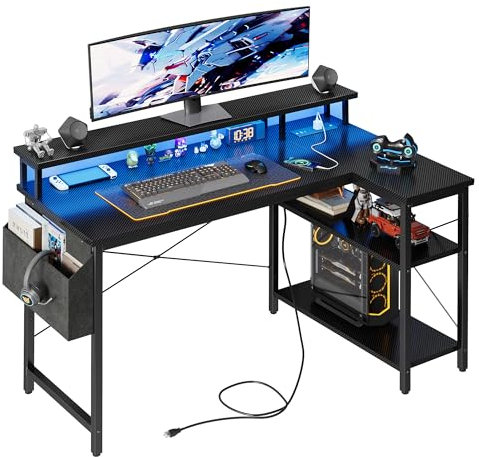 Grandder 100 cm Escritorio L con Luces LED y enchufes, Escritorio de Juego con 2 estantes, Mesa de Ordenador con Soporte para Monitor, Home Office, Negro carbón​