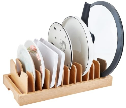BENECREAT Organisateur de Casseroles en Bambou, Rangement pour Couvercles avec 13 Séparateurs Réglables, Organisateur de Placard de Cuisine pour Planches à Découper et Plaques de Cuisson.