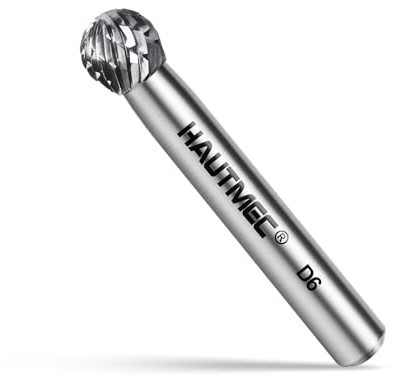 HAUTMEC Tungsten Carbide Rotary Burr Bit YG6, 1/4 Shank Double Cut Die Grinder Bit, Low Vibration Precision Rotary File for Metal Grinding, Engraving & Deburring (6MM Ball Head), HT0449