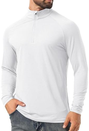 QIXING Solskjorta för män UPF 50+ snabbtorkande kvartsdragkedja långärmad t-shirt rashguard för fiske vandring utomhus (vit, L)