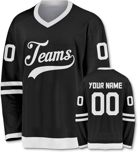 euoeio Personalisiertes Eishockeytrikot in klassischen Farben mit Name und Nummer, sportliches Langarmshirt mit V-Ausschnitt, männliche und weibliche Fans