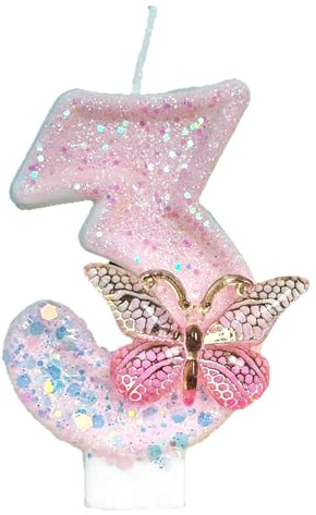 Ovanda Schmetterling Kerze 3 Geburtstag Mädchen, Rosa Geburtstagskerze 3, Tortendeko 3. Geburtstag, Kerzen Zahlen 3, Geburtstagskerzen 3 Jahre, Schmetterlings Rosa Zahlenkerzen, Zahlen Kerzen Torte