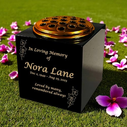 Personalised Granite Memorial Vase- Solid Granite – Orchid 1 Design - Free Gold Engraving and Gold Metal Flower Insert- Best for Outdoor Cemetery Use (6 x 6 x 6)