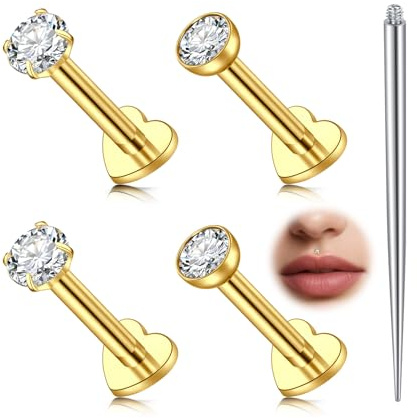 AVYRING Lot de 5 piercings de labret en acier inoxydable - Filetage interne - 16 g - Pour lèvre, tragus, hélix, conque, nez - Argent ou doré - 8 mm, Acier inoxydable