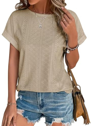 Cuptacc Ladies Tops T Shirts for Women UK Short Sleeve Crew Neck Elegant Blouses Eyelet Embroideries Top | Cap sleeves, crew neck, tops, hole embroidery, casual, summer, broderie, comfort, elegant, casual, airy, fashion
