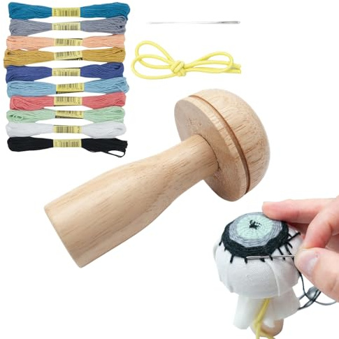 Stopfpilz-Set – 10 Farbige Fäden, Holz-Stopfpilz Mit Nadeln, Garn Und Gummiband, Ausbesserungswerkzeug Für Hüte, Hosen, Pullover | Handarbeit Nähen & Reparieren Bastelset Reise