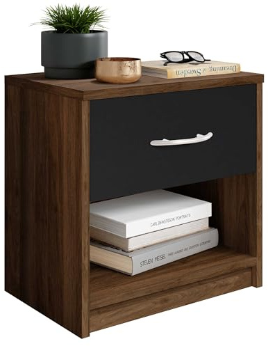 Stella Trading PEPE Table De Chevet, Aspect Noyer Columbia, Noir, Table De Nuit Sobre Avec 1 Tiroir, Convient Pour Tout Lit Et Toute Chambre, 39 x 41 x 28 cm (L/H/P)