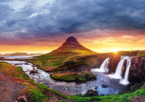wandmotiv24 Fototapete Island Landschaft, Kirkjufell Berg, XXL 400 x 280 cm - 8 Teile, Wanddeko, Wandbild, Wandtapete, Sonnenaufgang, Wasserfall, Abendstimmung M1038