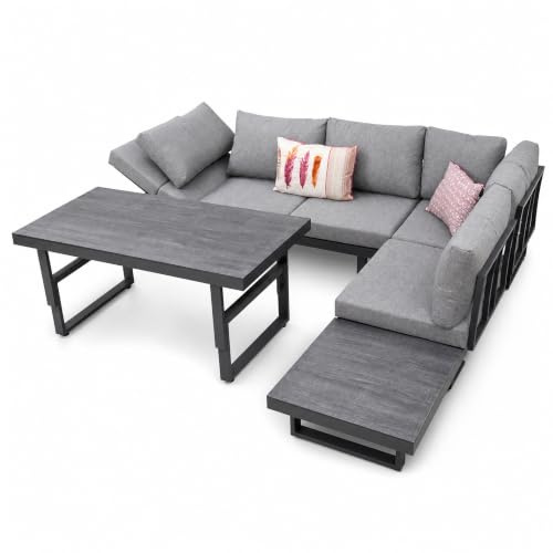 bomey Lounge Möbel Outdoor Ecklounge Santorini mit HPL Terrassentisch, wetterfeste Gartenlounge für 5 Personen, höhenverstellbarer Alu-Gartentisch 45–67 cm, Grau