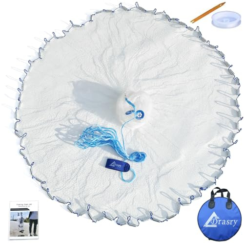 Drasry Saltwater American Fishing Cast Net 3/8inch Mesh Size for Bait Shrimp Trap Fish Heavy Duty Sinkers Throw Net 3FT to 12FT Radius 4FT Radius