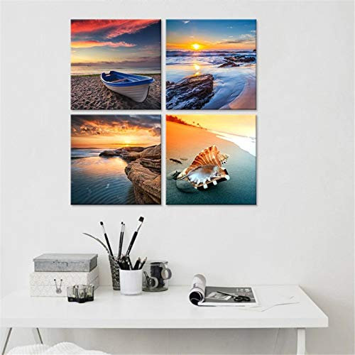 Druck auf Leinwand Meer Strand Boot Kunst Gemälde Sonnenuntergang Landschaft Poster Wandbild Wohnzimmer Schlafzimmer Dekor Ästhetische Wandbilder 50x50cmx4pcs rahmenlos