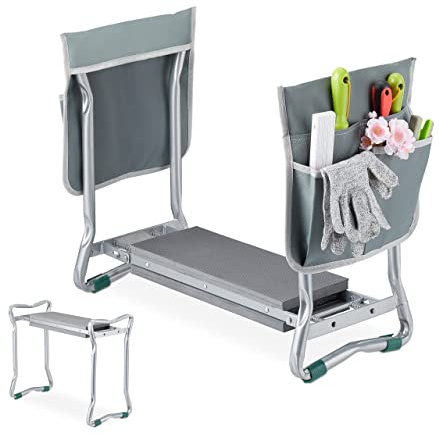 Relaxdays Agenouilloir de Jardinage, Pliable, soulage Les articulations, 150 kg Max, à 2 Poches, rembourré, argenté/Gris