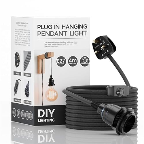 LEDSone Industrial Hanging Pendant Light with Plug-in, E27 Suspended Lamp Holder, 4m Fabric Flexible Cable with Dimmer Switch for Ceiling Hanging Lights (Black)