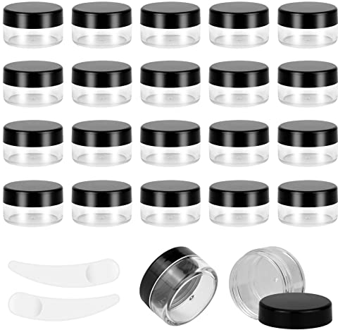 20pcs 10 Gram/10ml Jars, Sample Pots, Mini Jars With Lids, Clear Round Plastic Jar With 2 Mini Spatulas For Various Cosmetic Products, Samples, Eye Shadow Lip Balm, and Nail Powder (Black)