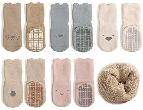 Exemaba Baby Socken Anti Rutsch Dicke - 5 Paar Winter Warme Kleinkinder Rutschsocken Krabbelsocken für Mädchen Jungen | Rutschfeste Socken für Kleinkinder, Cartoon-Tierboden, Winter, warme Baumwolle, rutschfeste Crew-Socken für Mädchen und