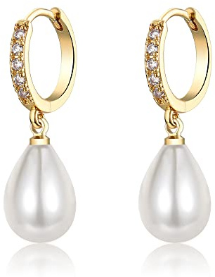 Gold Pearl Earrings for Women, 925 9ct Gold Drop Earrings with Cubic Zirconia│Hypoallergenic Teardrop Pearl Drop Dangle Earring│Jewellery Gift for Women Girls