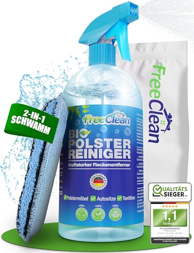 FreeClean - Bio Polsterreiniger Set [EXTRA STARK OHNE CHEMIE] Teppichreiniger 500ml als Polsterreiniger Sofa & Polsterreiniger Auto - Sofa Reiniger als Fleckenentferner mit Schwamm - Made in DE