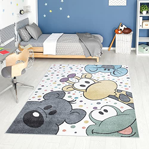 carpet city Teppich Kinderzimmer Cartoon - Mehrfarbig - 190x280 cm - Kinderteppich Kurzflor mit lustigen Tieren, Bunte Punkte - Weicher Flor