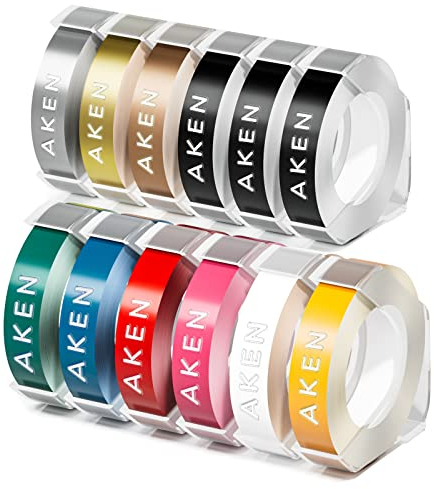 Aken 12x Kompatibel mit Dymo Omega Prägeband 9mm für Dymo Omega Junior Prägegerät, 3D Prägeetiketten, Schwarz/Rosa/Rot/Gelb/Transparent/Dunkelblau/Seegrün/Gold/Champagner Gold