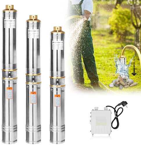 XMTECH Tiefbrunnenpumpe 370W Brunnenpumpe aus Edestahl mit 20m Verbindungskabel, Tiefbrunnenpumpen Tauchpumpe Rohrpumpe für Brunnen, Schächten, Zisternen, Maximale Fördermenge 4.000 l/h
