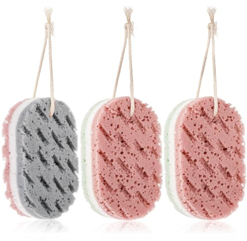 WLLHYF Spugna da bagno in luffa morbida e traspirante, 3 spugne colorate per doccia esfoliante profonda, facile da schiumare e curare, unisex, adatte per anziani e bambini, 3 unità in confezione
