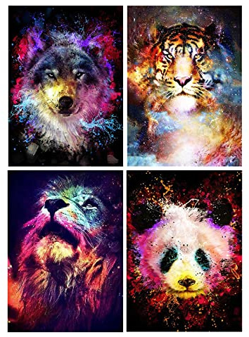 SHEGZHUC Diamond Painting Lot de 4 Animaux 30x40 cm Peinture Diamant Tigre dans l'univers Peinture par Numéros Loup Diamond Painting Lion Tableau Perle Panda dans l'univers Peinture en Perles Enfants