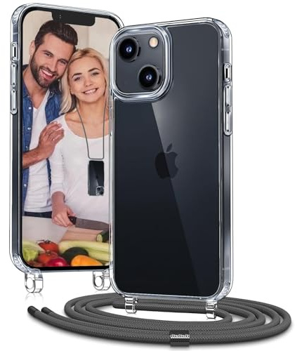 OLEPHY Handykette für iPhone 15 Plus Hülle mit Band, Grau | Necklace Handyhülle, Transparente Schutzhülle zum Umhängen [Verstellbarem und Demontage Umhängeband],