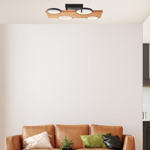Lightbox LED Deckenlampe 4-flammig, schwarz & Holz, 14 W Leuchte | Deckenleuchte mit Lichtkreisen, 3400 lm, warmweiß, 55x35 cm, außergewöhnliches Lichtspiel für moderne Räume