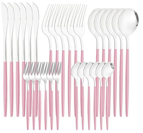 Eyccier 30PCS Silverware Set Tableware Set Flatware Set Cutlery Utensil Set Stainless Steel Flatware Tableware Cutlery Utensil Set for Kitchen Pink