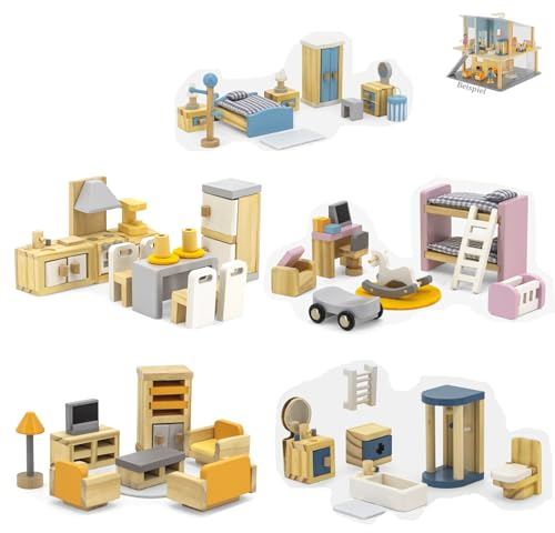 TikTakToo Puppenhausmöbel aus Holz Schlafzimmer, Kinderzimmer, Küche, Bad, Wohnzimmer für Biegepüppchen