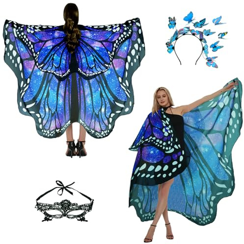Schmetterling Kostüm Damen Schmetterlingsflügel Erwachsene Zweistufiges Karneval kostüm damen schmetterling Umhang Verkleidung Schmetterlings Kostüm Zubehör 3Set Schmetterling Haarreif Gesichtsmaske