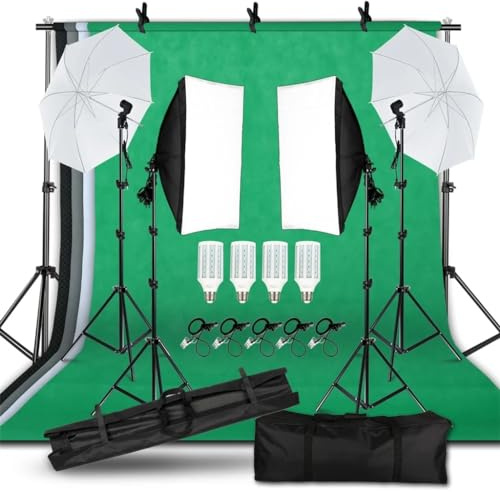 KCUZO Kit di illuminazione for ombrello Softbox LED for studio fotografico fotografico con fondale a 4 colori Cornice for sfondo 2 * 3 m Luce di mais 20 W