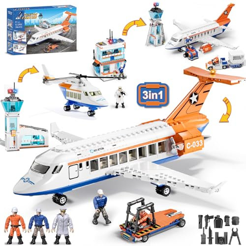 City Passagierflug Flugzeug Baukasten - 3 IN 1 Flughafen Hubschrauber Baustein Spielzeug Bausatz mit Terminal, Gepäck LKW, Radarturm, Geschenk für Jungen Mädchen Kinder Erwachsene 6, 7, 8, 9+ Jahre