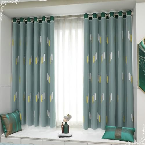 Bishilin Gardinen Blickdicht 2er Set mit Ösen, Vorhänge Verdunkelnd Dunkelgrün Stickerei mit Weizen Motiv Doppelschicht Modern 86x160CM, Verdunklungsvorhänge Wohnzimmer Jugendzimmer Kinderzimmer