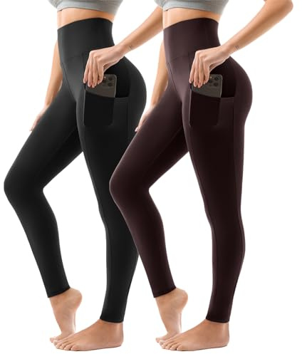 Sanpetix sportleggings dam hög midja, sportbyxor dam långa med fickor för gym yoga 2-pack, Svart/kaffe, L-XL