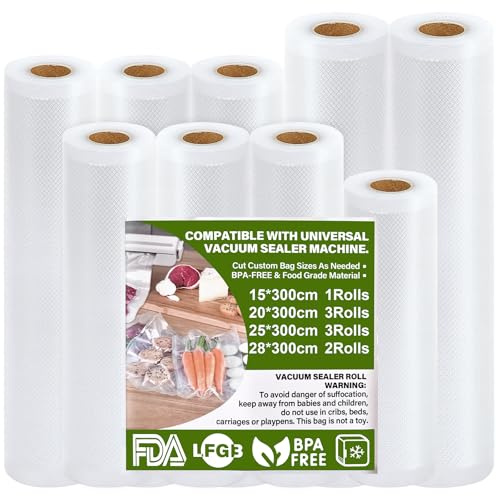 GIBOHOM Vakuumierbeutel Rolle 15/20/25/28 x 300 cm/9 Rollen, 150 µm Vakuumbeutel Lebensmittel BPA-frei Stark Reißfest, Vakuumierfolie für Lebensmittel Vakuumiergerät, Kochfest, Sous Vide Gefrierbeutel