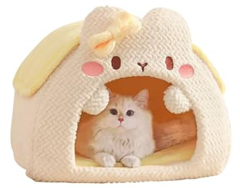 Galatée Katzenhöhlenbett, Warmes Plüsch-Katzeniglu, Superweiches, Beruhigendes Katzenbett, Süßes Cartoon-Katzenhaus, Katzenhöhlenhaus Mit Waschbarem Kissen, Faltbares, Tragbares Haustierbett(S, Rosa)