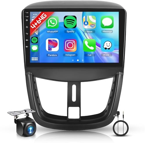 Rimoody 4+64G Android bilradio för Peugeot 207 2006–2015 9 Zoll Touchscreen Kabelloses Carplay 207 Bilradio med Android Auto Navi GPS-spegel länk Bluetooth WiFi/FM/RDS/EQ/SWC/USB Rückfahrkamera