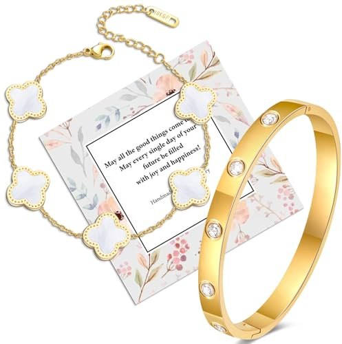 Ahokei 2 Stück Weiße Kleeblatt Armband Gold Damen 18 CM aus 18K Vergoldet Vierblättriges, Zirkonia Armreif Gold Armbänder Damen Schmuck Geschenk für Frauen