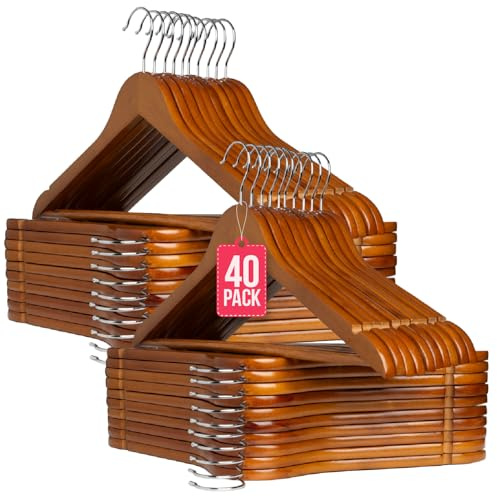 Perchas de Madera Nogal con Barra Pack 40 COM-FORT HOUSE | Gancho giratorio 360°, Barra para pantalones, Muescas antideslizantes, Alta resistencia